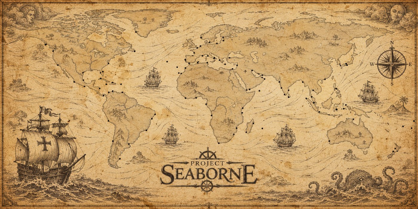 An antique chart of the world, the seas named in Latin, with ships and a sea serpent drawn among them